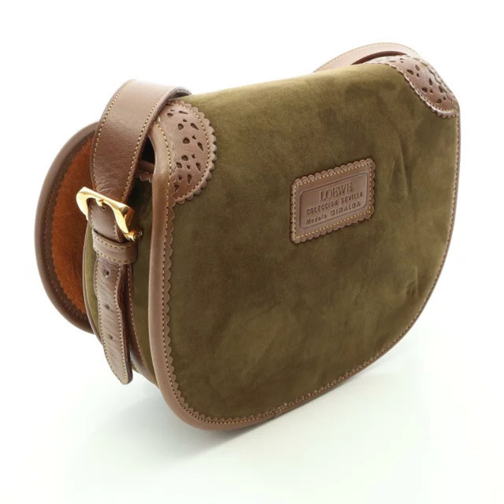 Loewe Brown Seville Bag Anagram Leather Green Shoulder Suede Khaki Brown Green